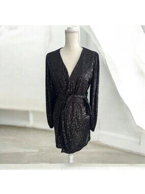 AUDREY 3 PLUS 1 Black Sequin Robe Wrap Dress Size Medium